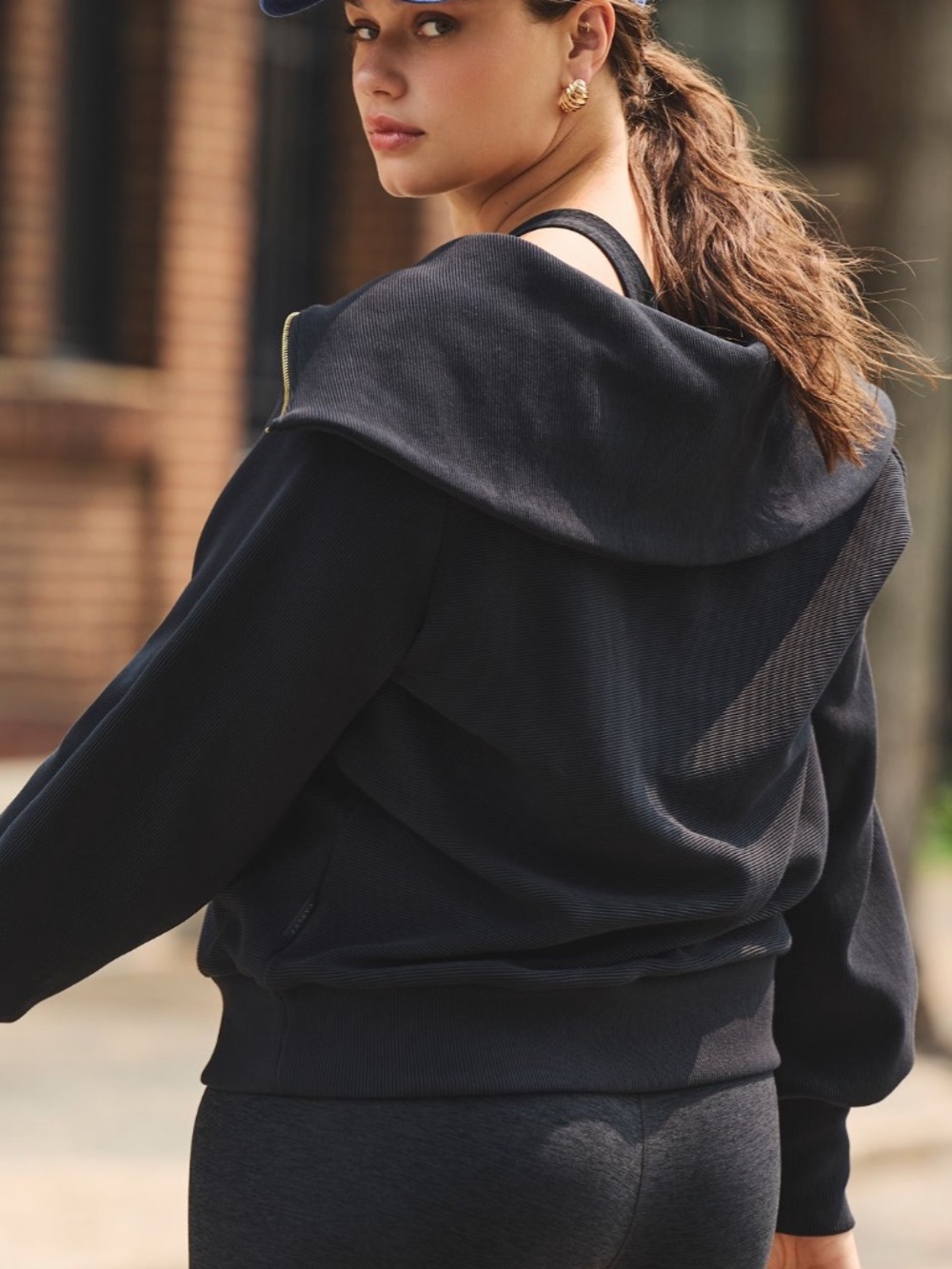 Anthropologie Varley Vine Black Zip-Front Sweatshirt with Gold Trim - Picture 10 of 14